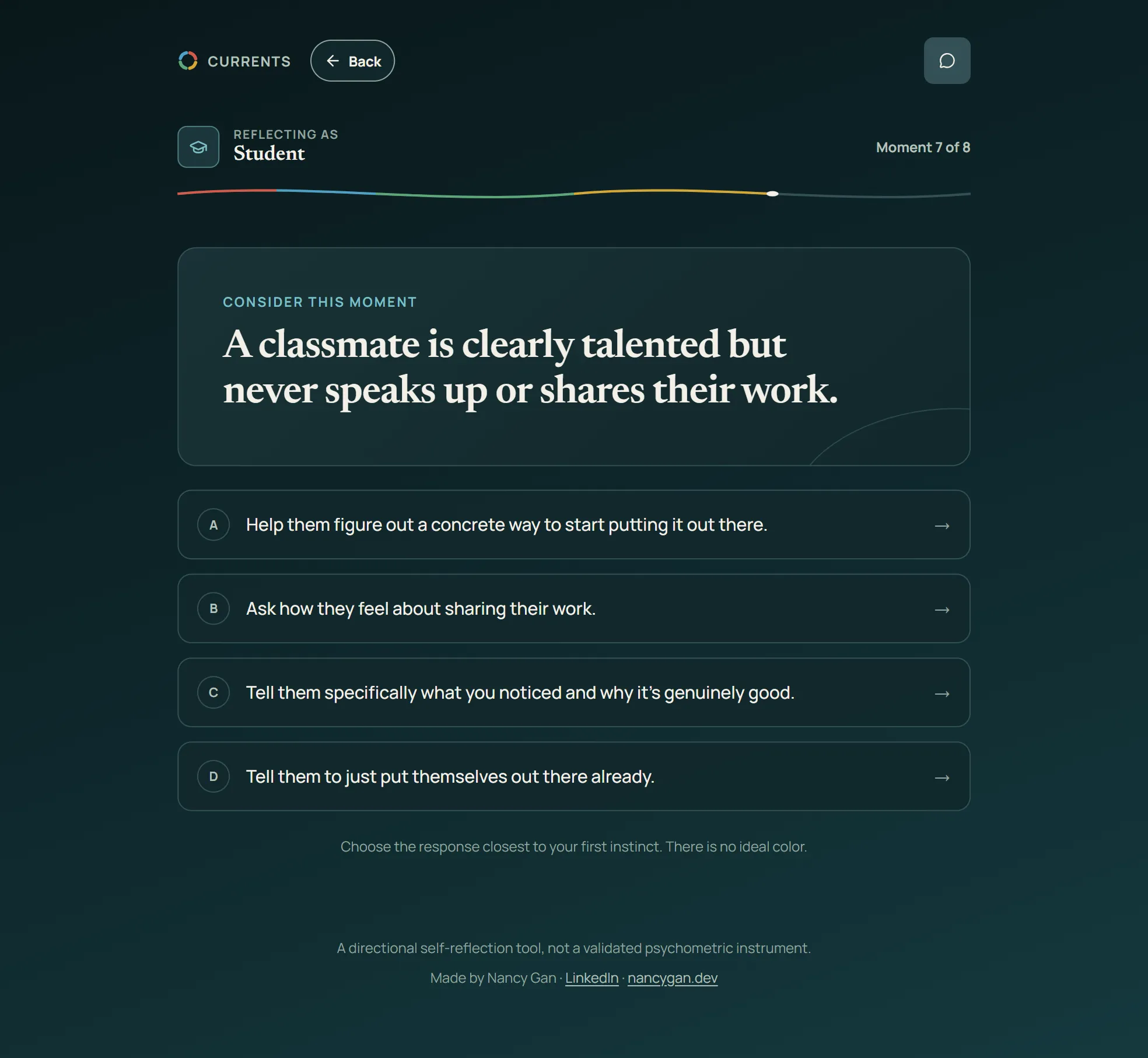 A situational reflection question in Currents