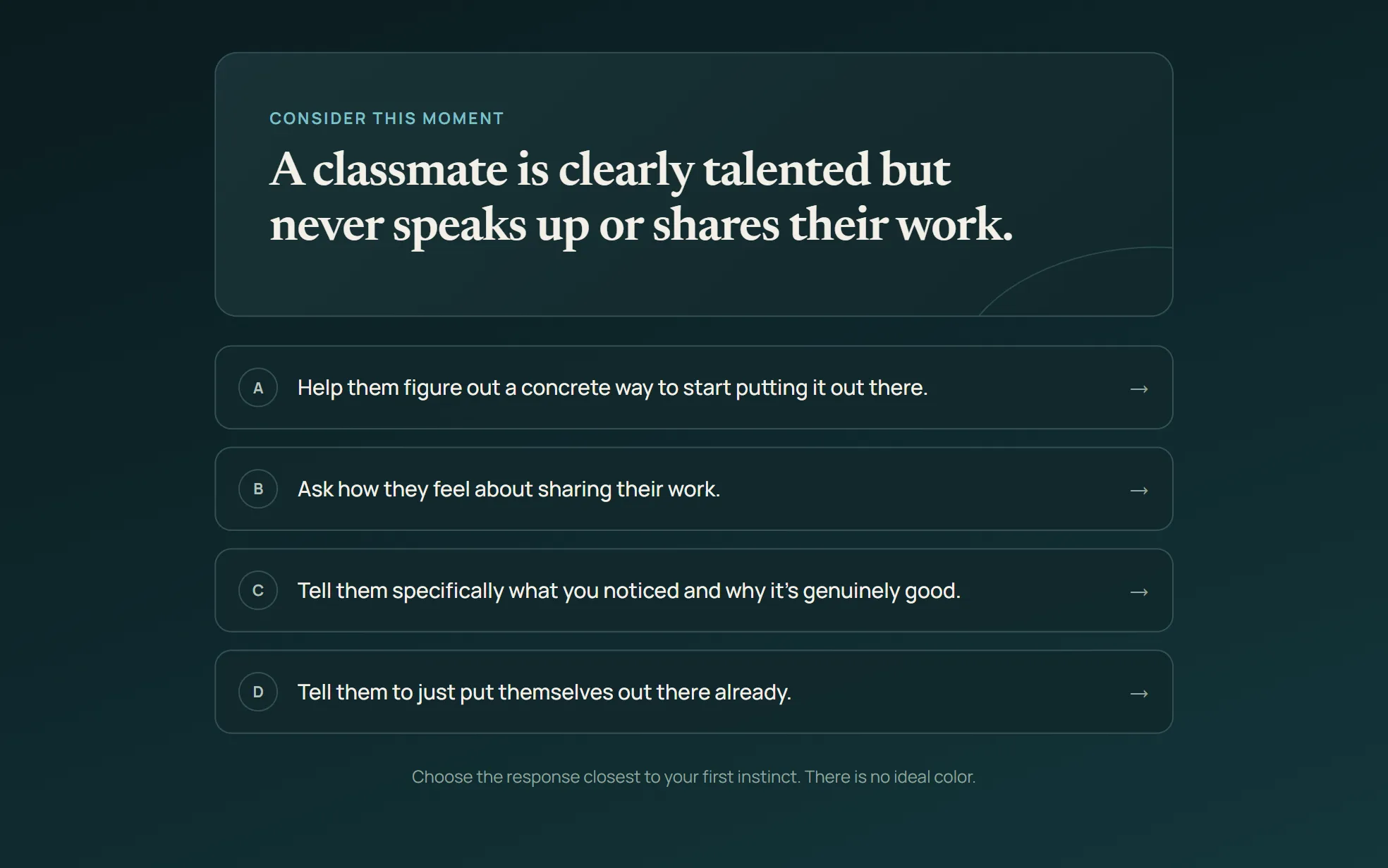 Currents reflection app introducing four possible responses to a situation